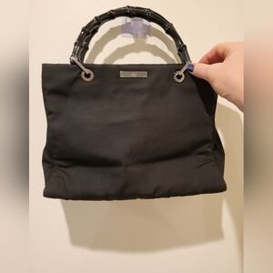 Gucci black nylon bamboo handle vintage tote bag